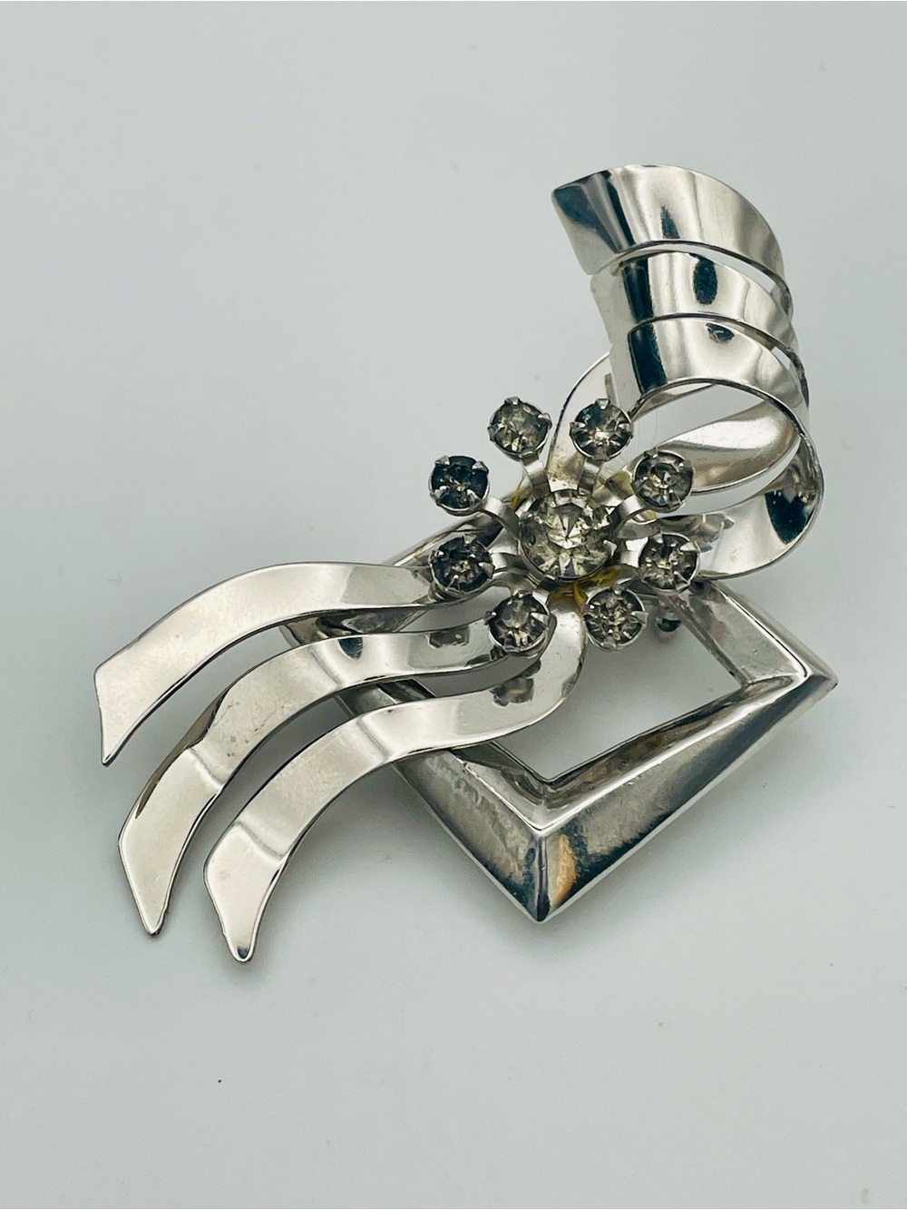 Vintage Silver-Tone Floral Ribbon Brooch Pendant with Clear Rhinestone Cluster